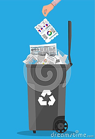 Trash recycle bin container full of paper Vector Illustration