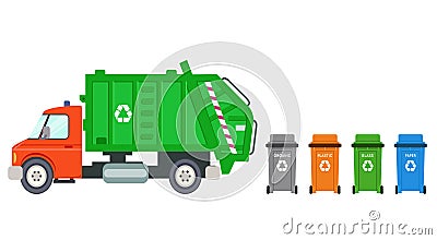 Trash recycle transportation truck garbage dumpster can car machine automobile flat design vector illustration Vector Illustration