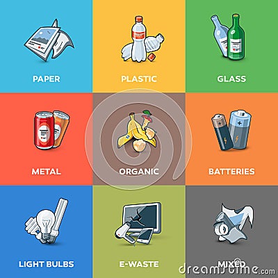 Trash Waste Recycling Categories Types Vector Illustration