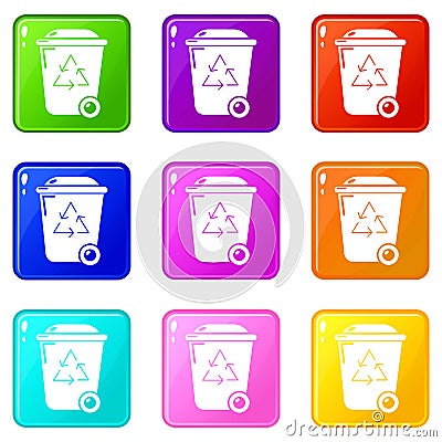 Trash wheelie bin icons set 9 color collection Vector Illustration