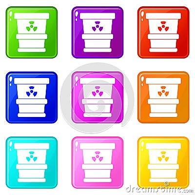 Trashcan containing radioactive waste icons 9 set Vector Illustration