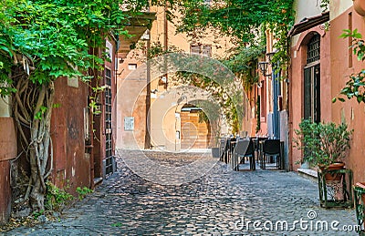 The pictiresque Rione Trastevere on a summer morning, in Rome, Italy. Stock Photo