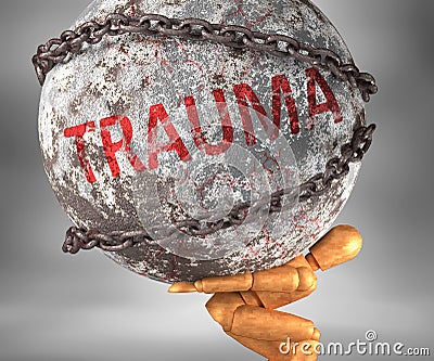 Trauma and hardship in life - pictured by word Trauma as a heavy weight on shoulders to symbolize Trauma as a burden, 3d Cartoon Illustration