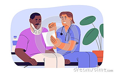 Traumatologist, orthopedist treatment patients. Doctor put on medical bandage, splint on trauma, sprain, hurt, injury Vector Illustration