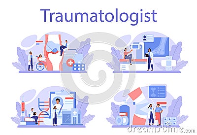 Traumatologist and trauma surgery doctor set. Injured limb, broken bone Vector Illustration