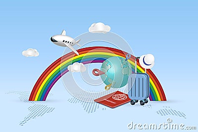 Trave concept. Airplane flying over rainbow with luggage and passport. Traveling by airplane to explore world. 3D realistic vector Stock Photo