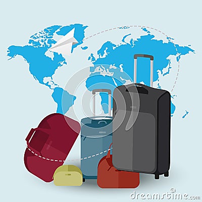 Trave lsuitcases with world map on blue background Vector Illustration