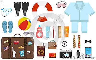 Travel accessories prepared for the trip on white background. Preparing for the trip, Travel accessorieson Vector Illustration