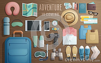 Travel accessories prepared for the trip on wooden background. Vector Illustration
