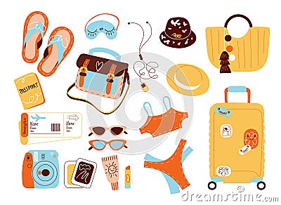 Travel accessories. Summer vacation equipment, things for flight, beach holidays items. ID documents, tickets, bikinis Vector Illustration