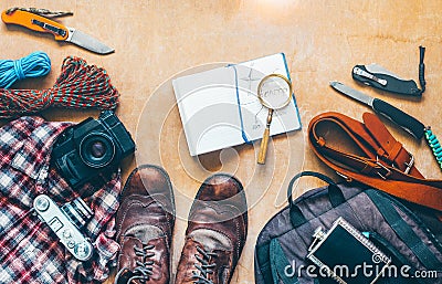 Travel Accessories On Wooden Surface, Top View. Travel Adventure Discovery Vacation Concept Stock Photo