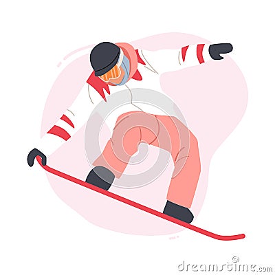 Travel Activity Entertainment. Happy Girl Riding Snowboard by Snow Slopes during Winter Time Season Holidays Vector Illustration