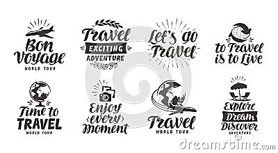 Travel, adventure set icons. Handwritten lettering. Label vector illustration Vector Illustration