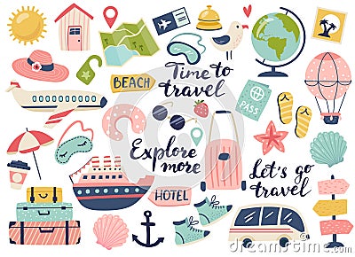 Travel and adventure tourism, travel abroad, summer vacation trip set. Vector Illustration