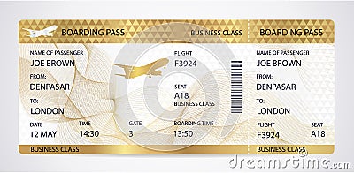 Golden Boarding pass ticket, traveler check template with aircraft airplane or plane silhouette on gold guilloche background Vector Illustration