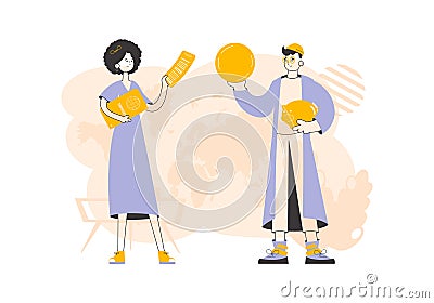Travel agency. The guy and the girl sell vouchers. Trendy linear style. Vector illustration. Vector Illustration