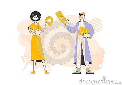 Travel agency. The guy and the girl sell vouchers. Trendy linear style. Vector illustration. Vector Illustration