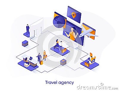 Travel agency isometric web banner. Tour operator isometry concept. Online booking service, comfortable air transportation 3d Cartoon Illustration