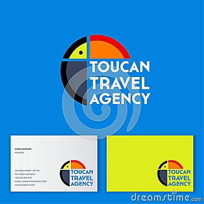 Travel agency logo. Toucan emblem. Tropical bird inscribed in a circle with letters. Vector Illustration