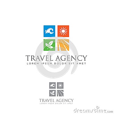 Travel agency logo. Tourism icon. Sea, sun, forest and road emblem. Vector Illustration