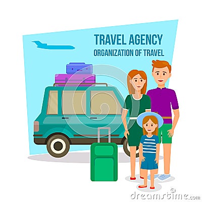 Parents Traveling with Daughter in Summer Time Vector Illustration