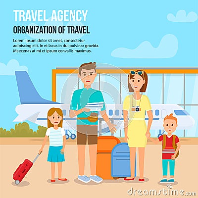 Happy Family with Children Travelling with Luggage Vector Illustration