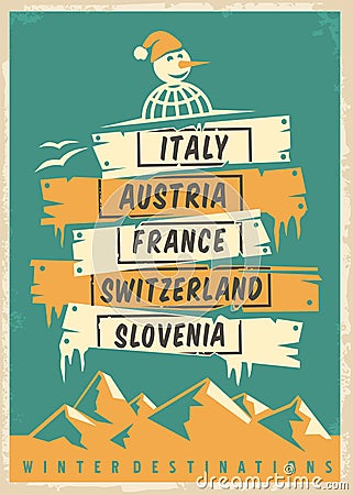 Travel agency retro promo poster design with popular winter destinations Vector Illustration