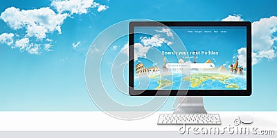 Travel agency web site on a computer display. Free space beside for text Stock Photo