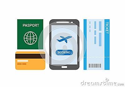 Travel airline ticket mobile booking flat illustration vector icon set Vector Illustration