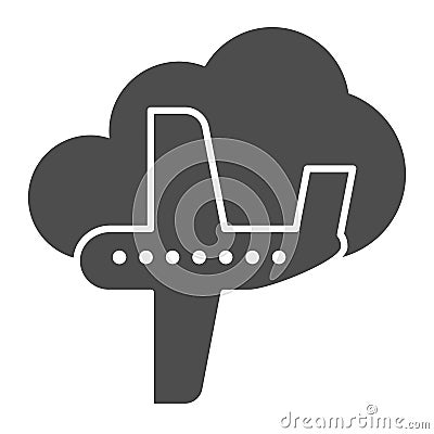 Travel airplane solid icon. Plain and cloud vector illustration isolated on white. Aircraft in the sky glyph style Vector Illustration