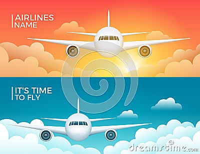 Travel airplane tourism vector banner design. World trip vacation background. Aircraft flight design concept Vector Illustration