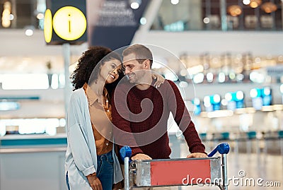 Travel, airport and couple with smile, luggage and suitcase for holiday, vacation and global adventure. Plane transport Stock Photo