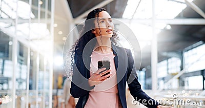 Travel airport, phone and walking woman lost, confused and arrival from airplane transportation journey. Luggage Stock Photo