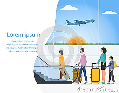 Travel Airport Plane People Tourist Escalator Vector Illustration