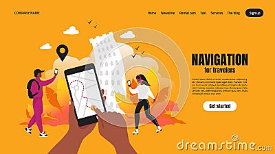 Travel app landing page. Smartphone application concept with map and route, web page with navigation UI. Vector template Vector Illustration