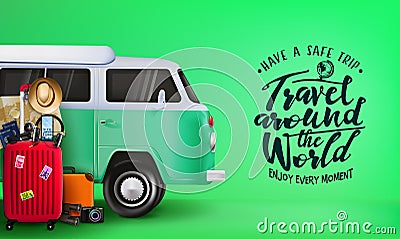 Travel Around the World Banner with 3D Realistic Travelling Van Car and Luggage Bag Vector Illustration