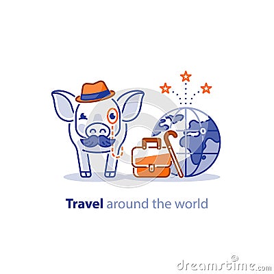 Travel around the world concept, tourism services, pig with baggage Vector Illustration