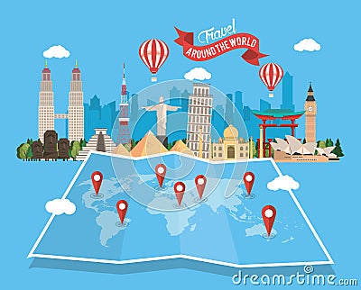 Travel around the world design with set monuments Vector Illustration