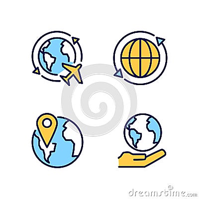 Travel around world pixel perfect RGB color icons set Vector Illustration