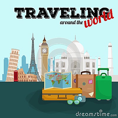 Travel around the world poster. Tourism and vacation, earth world, journey global, vector illustration. World travel Vector Illustration