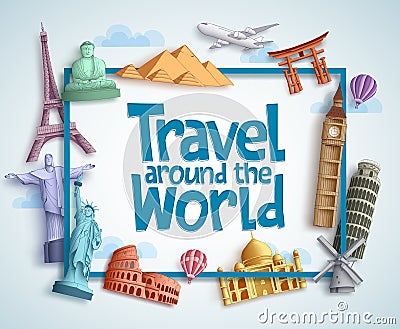 Travel around the world vector banner design with frame and famous landmarks Vector Illustration