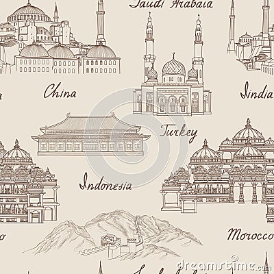 Travel Asia background. World famous landmark seamless pattern. Stock Photo