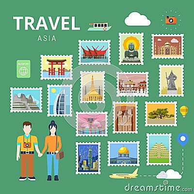 Travel Asia China Japan India flat vector tourism template Vector Illustration