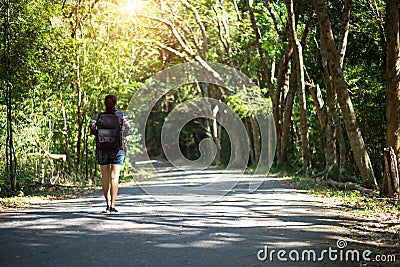 Travel asia woman standing on forest trail and looking away. Female with backpack on hike in nature. Stock Photo