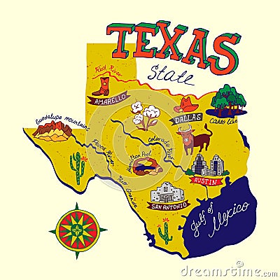 Illustrated map of Texas state, USA. Vector Illustration