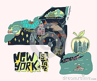 Illustrated tourist map of New York state, USA. Vector Illustration