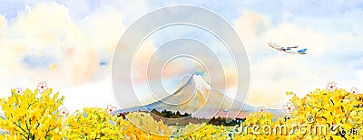 Travel autumn season Mount Fuji and leaf change color in Japan Cartoon Illustration