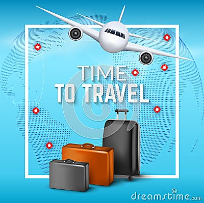 Travel background with airplane and suitcases. World travel banner flyer design. Vacation concept Vector Illustration