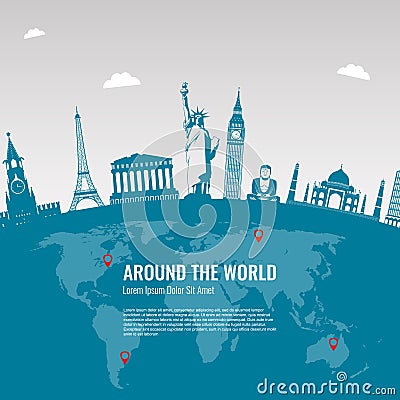 Travel background with famous World Landmarks icons. Vector Vector Illustration