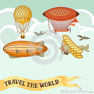 Travel background with retro air transport. Vintage aerostat airship, blimp and plain in cloudy sky Vector Illustration